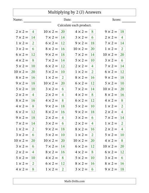 The Horizontally Arranged Multiplying (1 to 10) by 2 (100 Questions) (J) Math Worksheet Page 2