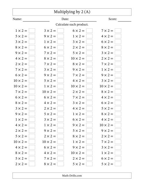 The Horizontally Arranged Multiplying (1 to 10) by 2 (100 Questions) (All) Math Worksheet