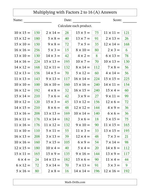 The Horizontally Arranged Multiplying with Factors 2 to 16 (100 Questions) (A) Math Worksheet Page 2