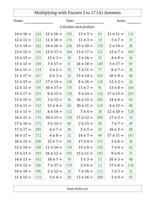 The Horizontally Arranged Multiplying with Factors 2 to 17 (100 Questions) (A) Math Worksheet Page 2