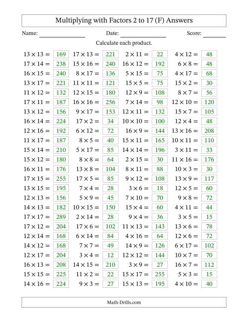 The Horizontally Arranged Multiplying with Factors 2 to 17 (100 Questions) (F) Math Worksheet Page 2