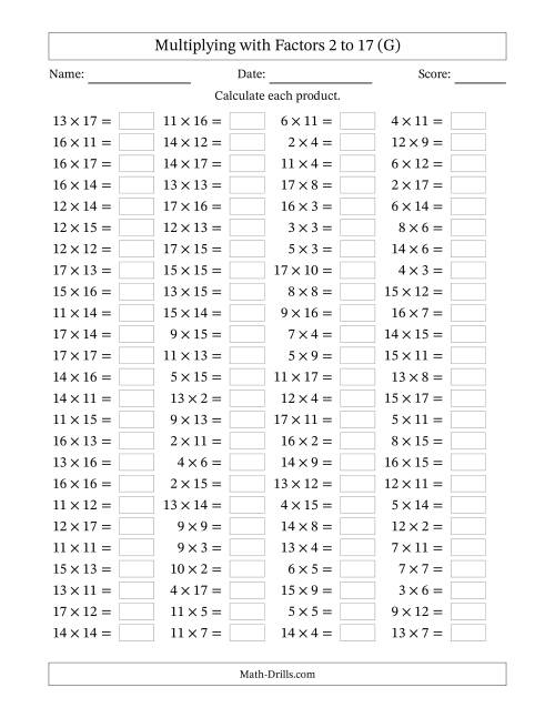 The Horizontally Arranged Multiplying with Factors 2 to 17 (100 Questions) (G) Math Worksheet