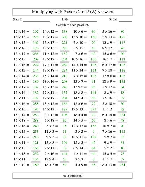 The Horizontally Arranged Multiplying with Factors 2 to 18 (100 Questions) (A) Math Worksheet Page 2