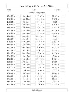 Horizontally Arranged Multiplying with Factors 2 to 20 (100 Questions)