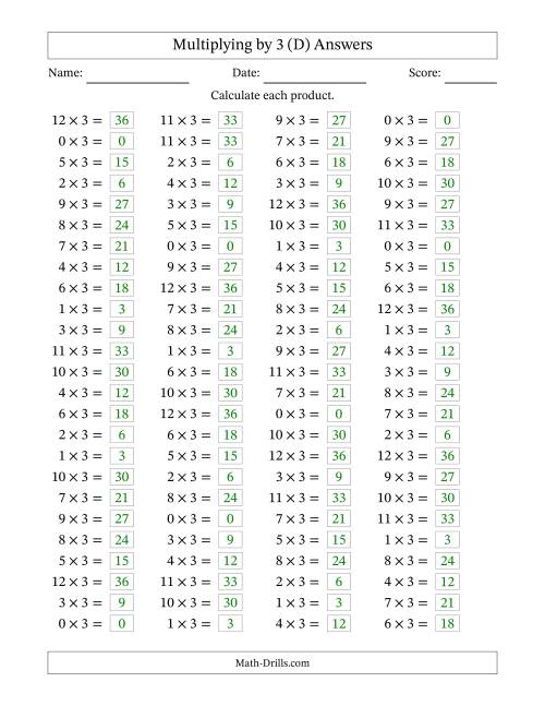 The Horizontally Arranged Multiplying (0 to 12) by 3 (100 Questions) (D) Math Worksheet Page 2
