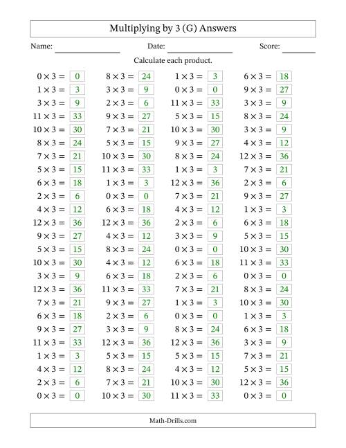 The Horizontally Arranged Multiplying (0 to 12) by 3 (100 Questions) (G) Math Worksheet Page 2
