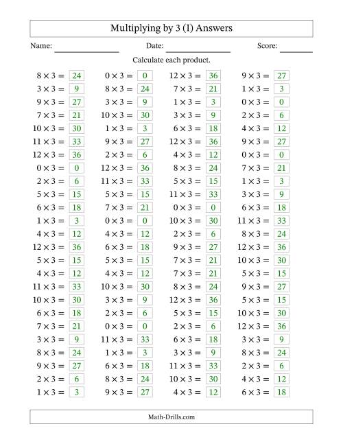 The Horizontally Arranged Multiplying (0 to 12) by 3 (100 Questions) (I) Math Worksheet Page 2