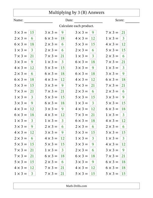 The Horizontally Arranged Multiplying (1 to 7) by 3 (100 Questions) (B) Math Worksheet Page 2