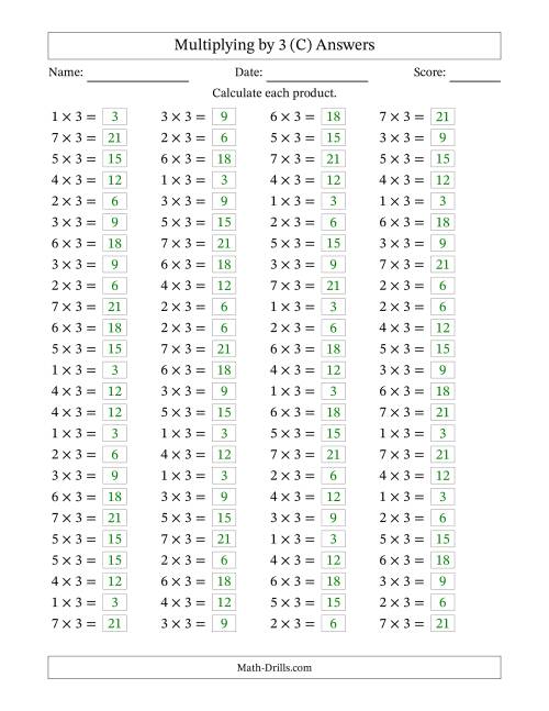 The Horizontally Arranged Multiplying (1 to 7) by 3 (100 Questions) (C) Math Worksheet Page 2