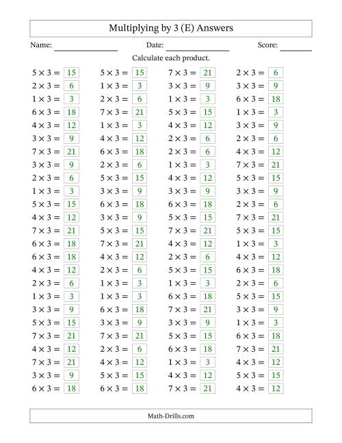 The Horizontally Arranged Multiplying (1 to 7) by 3 (100 Questions) (E) Math Worksheet Page 2