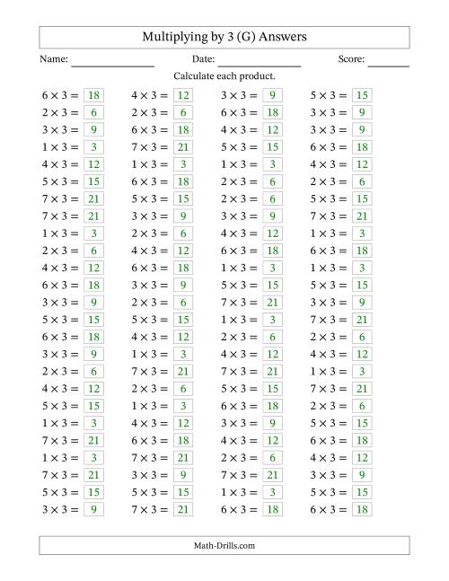 The Horizontally Arranged Multiplying (1 to 7) by 3 (100 Questions) (G) Math Worksheet Page 2