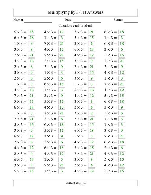 The Horizontally Arranged Multiplying (1 to 7) by 3 (100 Questions) (H) Math Worksheet Page 2