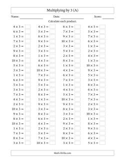 Horizontally Arranged Multiplying (1 to 10) by 3 (100 Questions)