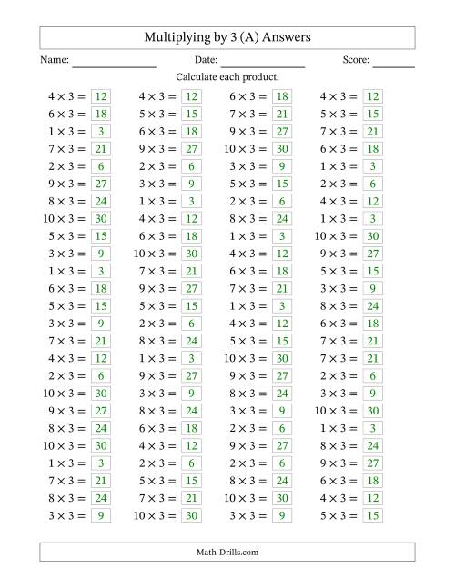 The Horizontally Arranged Multiplying (1 to 10) by 3 (100 Questions) (A) Math Worksheet Page 2