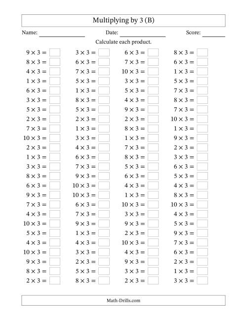 The Horizontally Arranged Multiplying (1 to 10) by 3 (100 Questions) (B) Math Worksheet