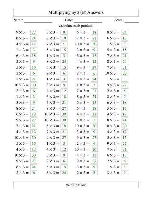 The Horizontally Arranged Multiplying (1 to 10) by 3 (100 Questions) (B) Math Worksheet Page 2