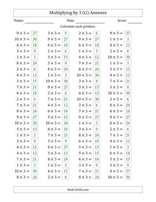 The Horizontally Arranged Multiplying (1 to 10) by 3 (100 Questions) (G) Math Worksheet Page 2