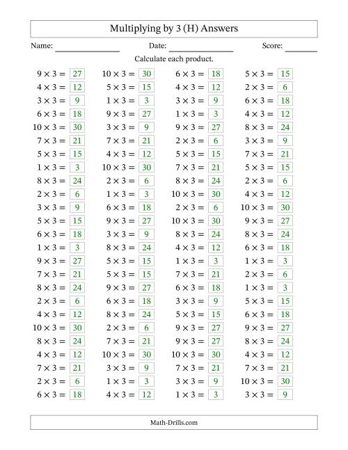 The Horizontally Arranged Multiplying (1 to 10) by 3 (100 Questions) (H) Math Worksheet Page 2