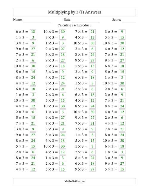 The Horizontally Arranged Multiplying (1 to 10) by 3 (100 Questions) (I) Math Worksheet Page 2