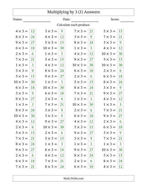 The Horizontally Arranged Multiplying (1 to 10) by 3 (100 Questions) (J) Math Worksheet Page 2