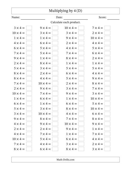 The Horizontally Arranged Multiplying (1 to 10) by 4 (100 Questions) (D) Math Worksheet