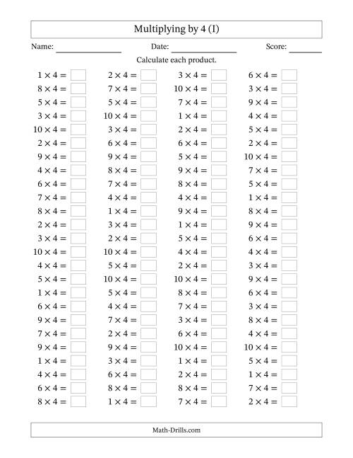 The Horizontally Arranged Multiplying (1 to 10) by 4 (100 Questions) (I) Math Worksheet