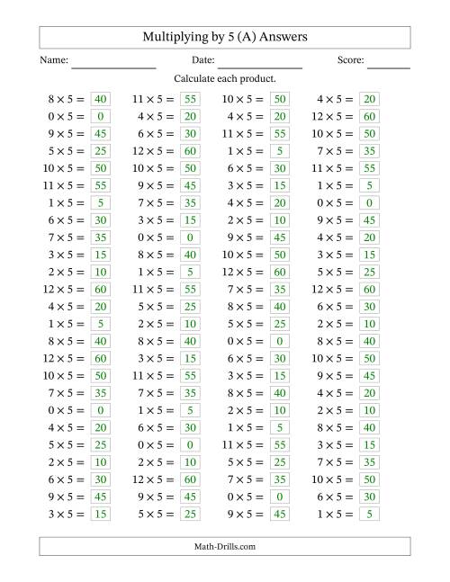 The Horizontally Arranged Multiplying (0 to 12) by 5 (100 Questions) (A) Math Worksheet Page 2