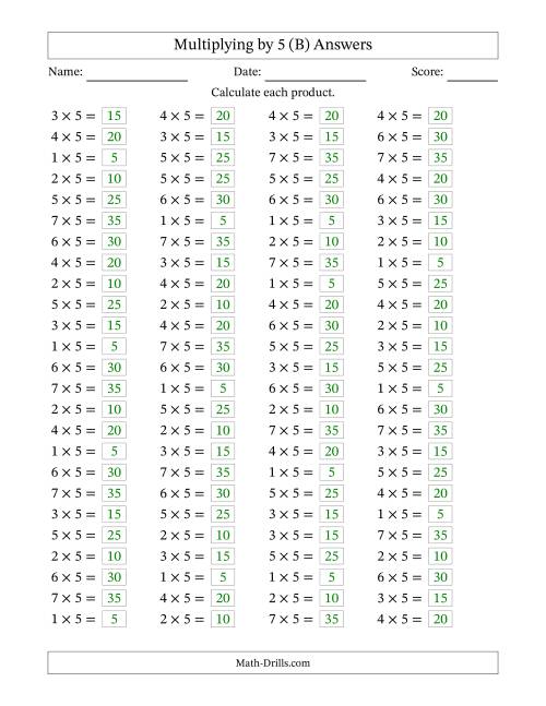 The Horizontally Arranged Multiplying (1 to 7) by 5 (100 Questions) (B) Math Worksheet Page 2