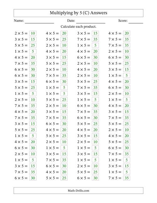 The Horizontally Arranged Multiplying (1 to 7) by 5 (100 Questions) (C) Math Worksheet Page 2