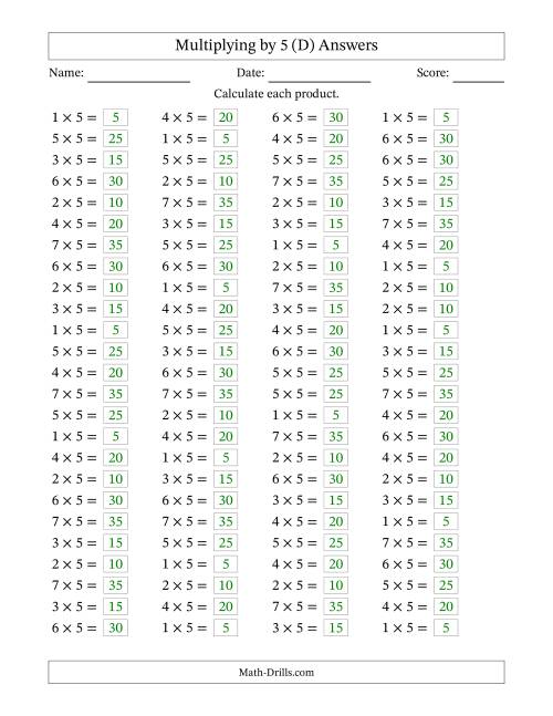 The Horizontally Arranged Multiplying (1 to 7) by 5 (100 Questions) (D) Math Worksheet Page 2