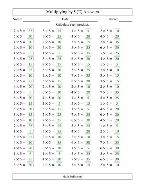 The Horizontally Arranged Multiplying (1 to 7) by 5 (100 Questions) (E) Math Worksheet Page 2