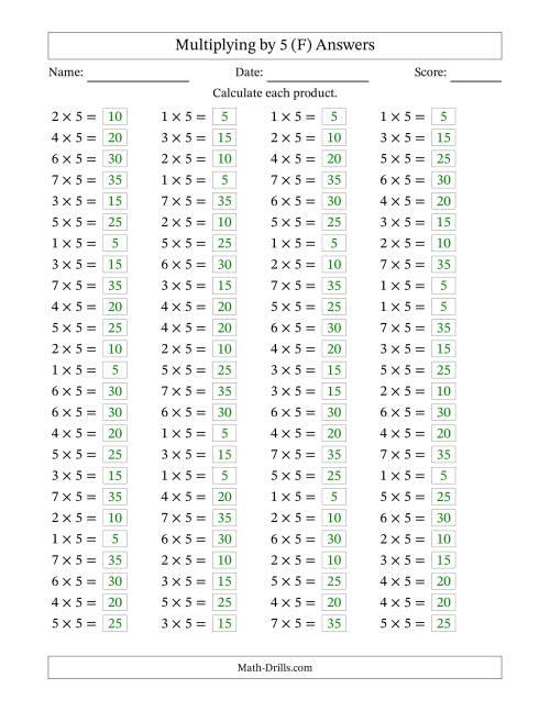 The Horizontally Arranged Multiplying (1 to 7) by 5 (100 Questions) (F) Math Worksheet Page 2