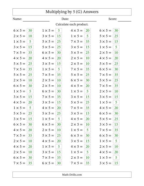 The Horizontally Arranged Multiplying (1 to 7) by 5 (100 Questions) (G) Math Worksheet Page 2