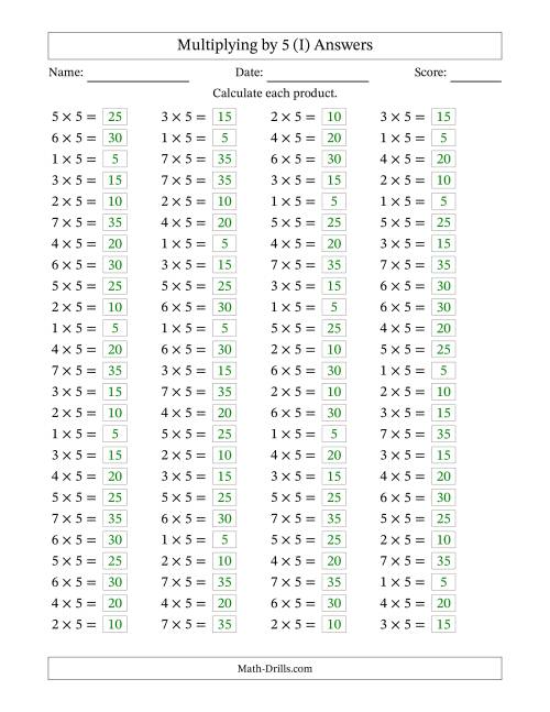 The Horizontally Arranged Multiplying (1 to 7) by 5 (100 Questions) (I) Math Worksheet Page 2