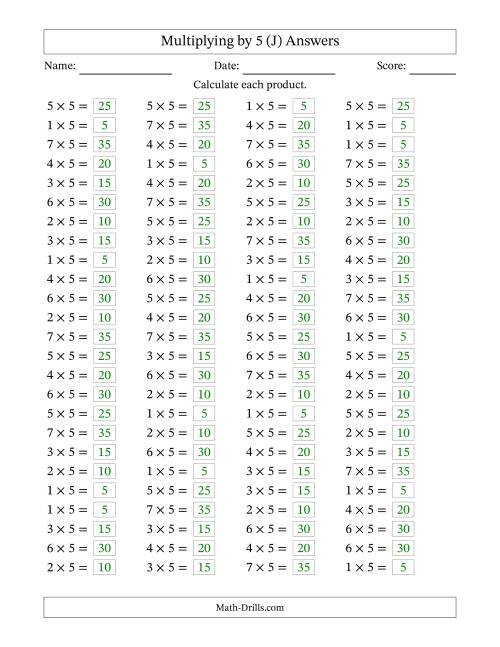 The Horizontally Arranged Multiplying (1 to 7) by 5 (100 Questions) (J) Math Worksheet Page 2