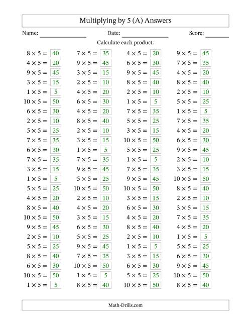 The Horizontally Arranged Multiplying (1 to 10) by 5 (100 Questions) (A) Math Worksheet Page 2