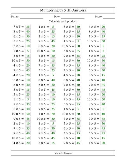 The Horizontally Arranged Multiplying (1 to 10) by 5 (100 Questions) (B) Math Worksheet Page 2
