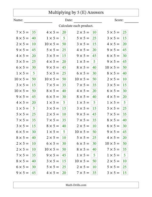 The Horizontally Arranged Multiplying (1 to 10) by 5 (100 Questions) (E) Math Worksheet Page 2