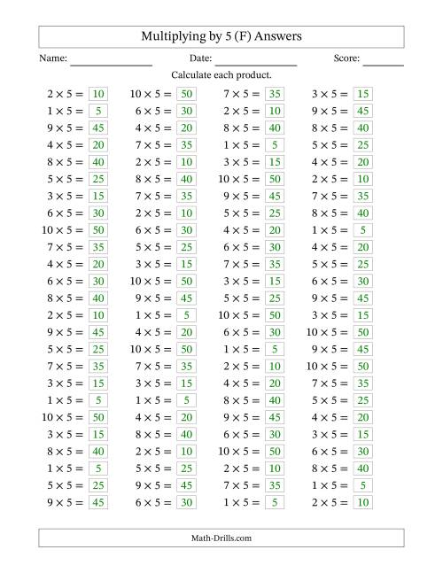 The Horizontally Arranged Multiplying (1 to 10) by 5 (100 Questions) (F) Math Worksheet Page 2