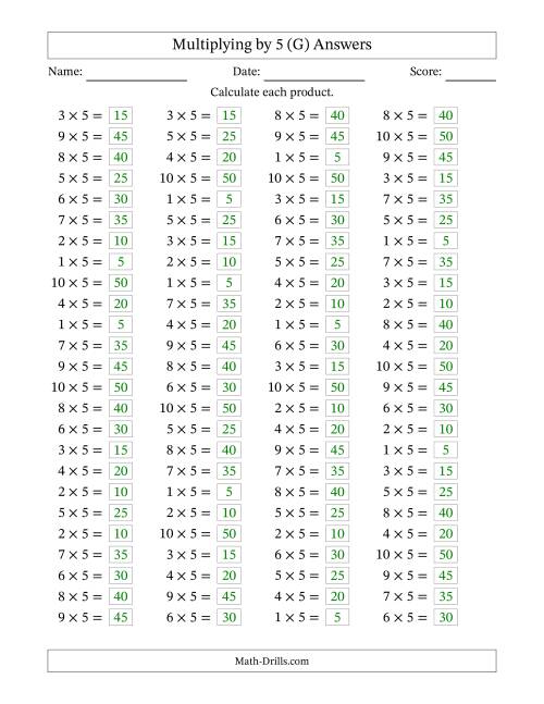 The Horizontally Arranged Multiplying (1 to 10) by 5 (100 Questions) (G) Math Worksheet Page 2