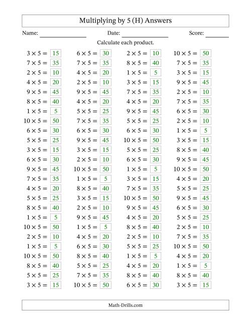 The Horizontally Arranged Multiplying (1 to 10) by 5 (100 Questions) (H) Math Worksheet Page 2