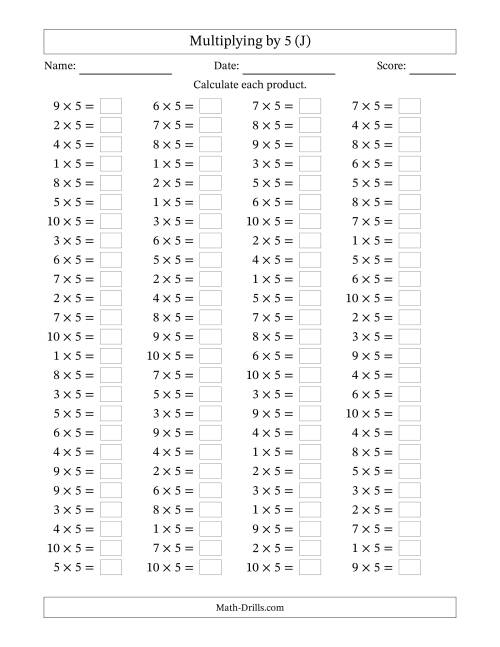 The Horizontally Arranged Multiplying (1 to 10) by 5 (100 Questions) (J) Math Worksheet