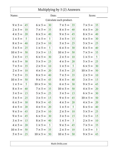 The Horizontally Arranged Multiplying (1 to 10) by 5 (100 Questions) (J) Math Worksheet Page 2