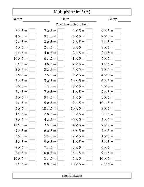 The Horizontally Arranged Multiplying (1 to 10) by 5 (100 Questions) (All) Math Worksheet