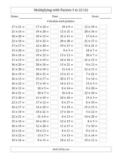 Horizontally Arranged Multiplying with Factors 5 to 22 (100 Questions)