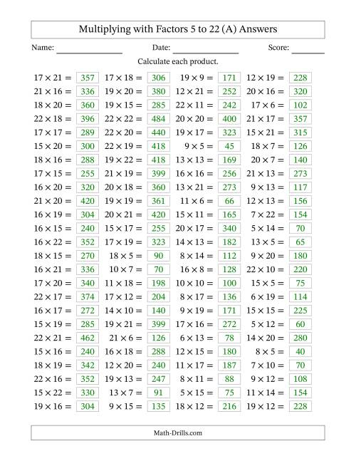 The Horizontally Arranged Multiplying with Factors 5 to 22 (100 Questions) (A) Math Worksheet Page 2