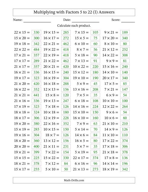 The Horizontally Arranged Multiplying with Factors 5 to 22 (100 Questions) (I) Math Worksheet Page 2