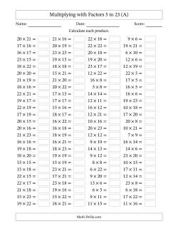 Horizontally Arranged Multiplying with Factors 5 to 23 (100 Questions)