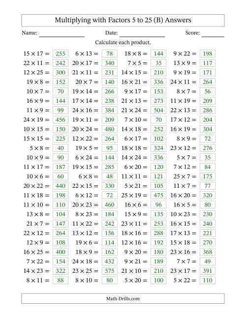 The Horizontally Arranged Multiplying with Factors 5 to 25 (100 Questions) (B) Math Worksheet Page 2