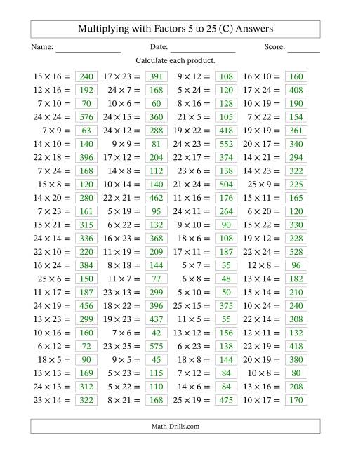 The Horizontally Arranged Multiplying with Factors 5 to 25 (100 Questions) (C) Math Worksheet Page 2